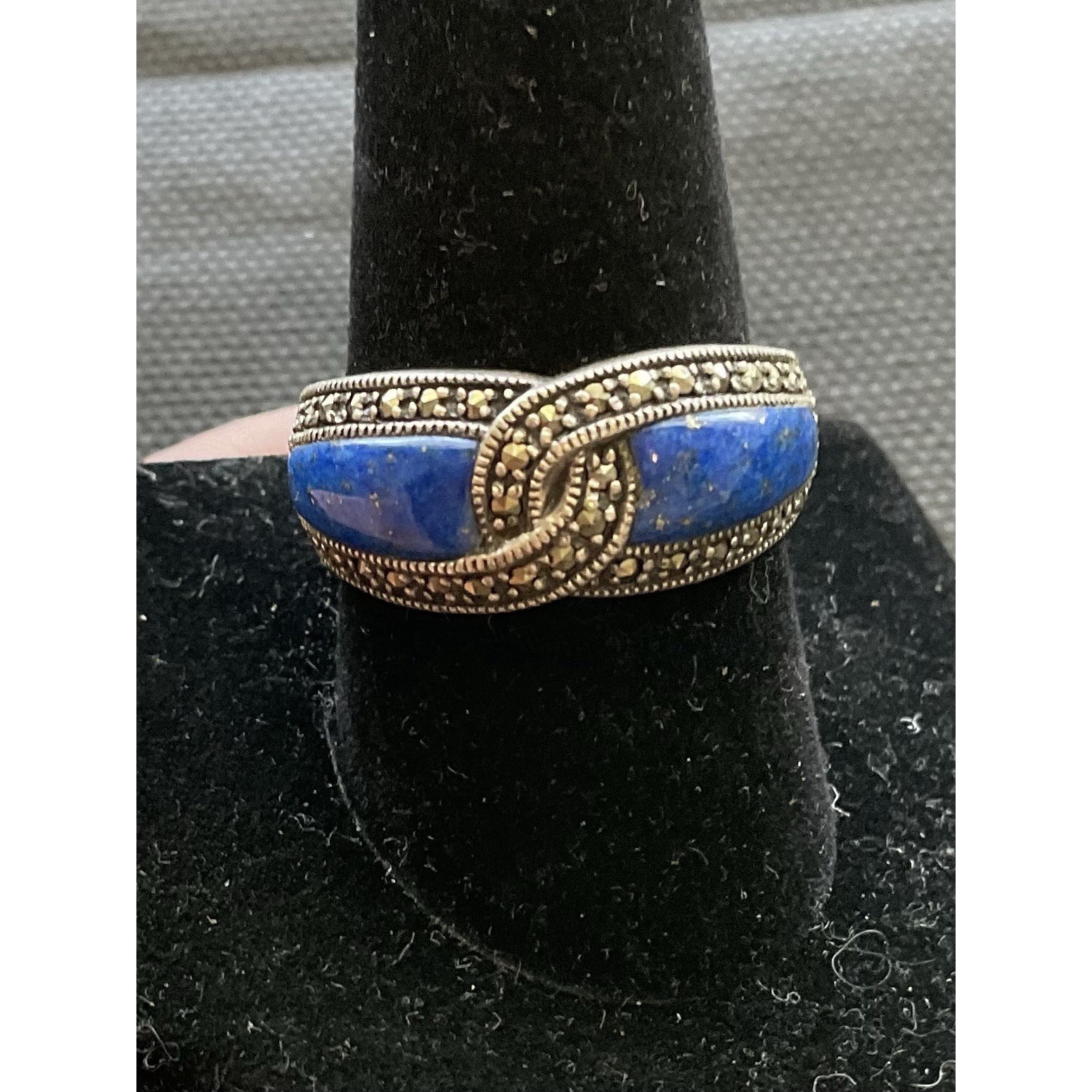Vintage 925 Sterling Silver Ring Blue Lapis & Marcasite Size 10 Estate Jewelry
